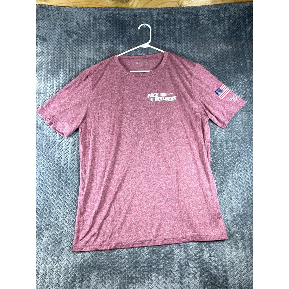 Reebok T Shirt Mens Large Pink Crew Neck Short Sleeve Pace Builders USA Flag